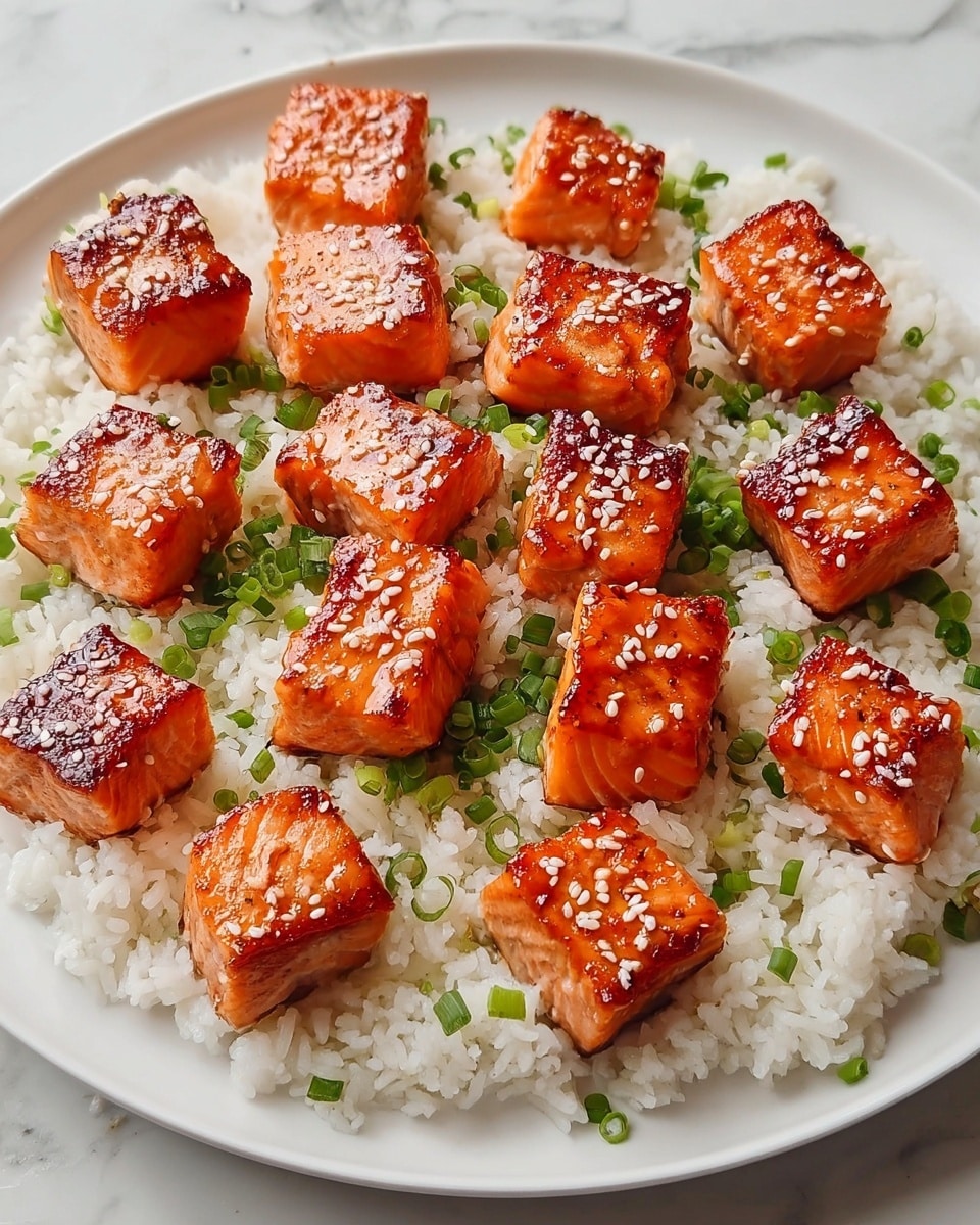 The dish shows a white plate filled with a base layer of fluffy, white rice mixed with small pieces of bright green chopped scallions. On top, there is a neat arrangement of about fifteen salmon cubes, each piece having a shiny, caramelized reddish-orange surface with a slight char and light golden brown sear marks. The salmon cubes are sprinkled with small white sesame seeds, adding texture and contrast to the vibrant salmon color. The plate sits on a white marbled surface. photo taken with an iphone --ar 4:5 --v 7