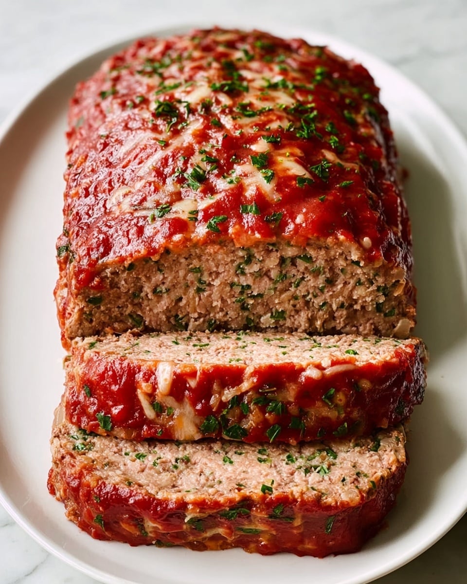 A thick meatloaf sits on a white oval plate placed on a white marbled surface. The meatloaf has three visible layers: the top layer is coated with a textured, glossy red tomato sauce sprinkled with chopped green herbs and bits of melted cheese, covering the entire loaf. Below this, the two cut slices reveal a dense, brown, crumbly meat interior mixed with small green herb pieces evenly spread throughout. The overall shape is rectangular with rounded edges, and the loaf sits centered on the plate. photo taken with an iphone --ar 4:5 --v 7