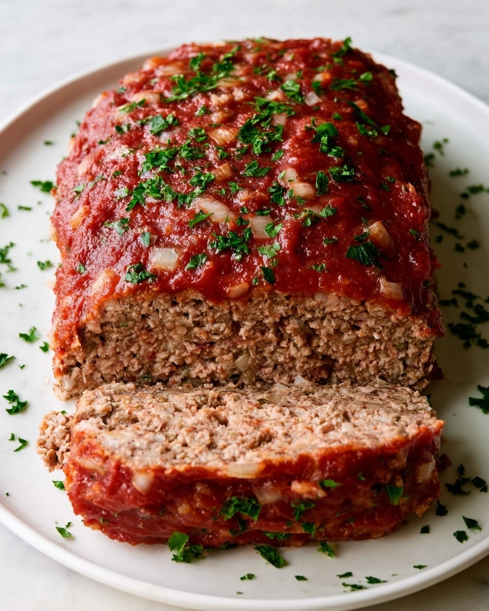 A loaf-shaped meatloaf sits on a white plate placed on a white marbled surface. The meatloaf has a deep reddish-brown color and is topped with a layer of chunky red sauce mixed with small pieces of onion and herbs, giving a slightly glossy texture. Green chopped parsley is sprinkled lightly over the top and on the plate around the meatloaf, adding a fresh touch. One thick slice is cut from the front, showing the dense, textured inside of the meatloaf, which is light brown with small bits of ingredients visible throughout. The overall look is warm and hearty. photo taken with an iphone --ar 4:5 --v 7