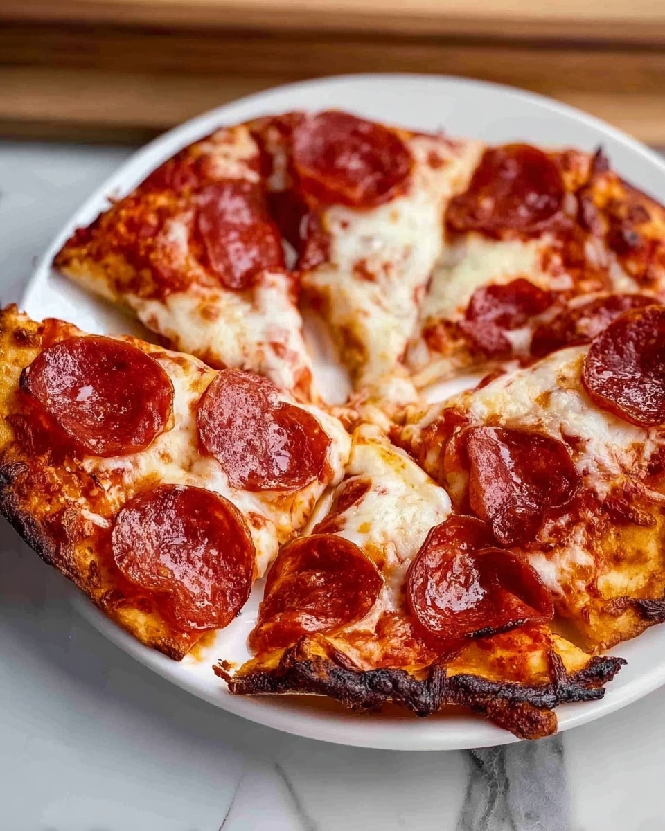 A white plate holds a pepperoni pizza cut into four large slices with a slightly charred, golden-brown crust. The base layer is a thin crust, topped with a thin layer of red tomato sauce. Above that is a thick, melted layer of creamy white cheese that stretches slightly between the separated slices. Large, round slices of pepperoni with a rich red color and slightly oily surface are spread evenly over the cheese, some overlapping the edges of the crust. The pizza looks hot and fresh, resting on a white marbled surface with a wooden background in soft focus. Photo taken with an iphone --ar 4:5 --v 7