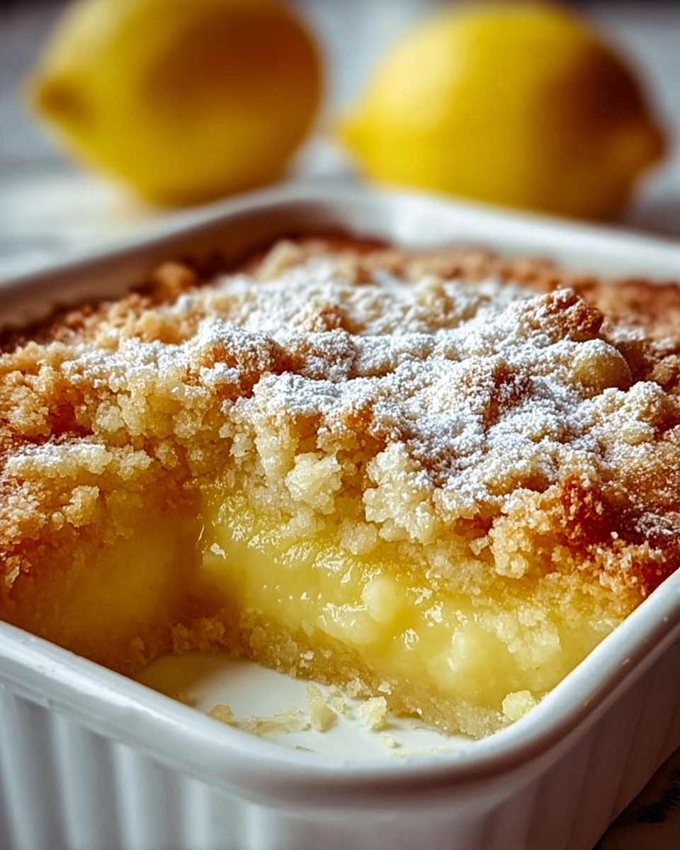 The image shows a white round dish filled with a baked dessert. The base layer is a golden-brown crust that rises slightly around the edges, looking flaky and crisp. On top of the crust are chunks of yellow baked fruit, likely apples, covered with a layer of soft, golden browned topping that is uneven and slightly puffed. The top is dusted with white powdered sugar, adding a light contrast to the warm colors. The dish is set on a wooden surface with blurred shapes of lemons in the background, placed on a white marbled texture. photo taken with an iphone --ar 4:5 --v 7