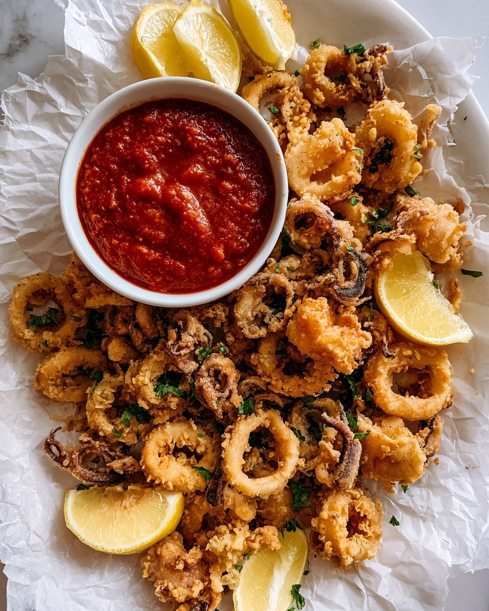 The image shows a white plate with a layer of crispy golden-brown fried calamari rings and tentacles scattered across it. The calamari has a crunchy texture with small pieces of green herbs sprinkled on top. Four yellow lemon wedges are placed on the plate around the calamari, adding bright pops of color. Near the upper center, there is a white bowl filled with thick, deep red marinara sauce that looks slightly chunky. The plate is set on a crumpled piece of white parchment paper that rests on a white marbled surface. photo taken with an iphone --ar 4:5 --v 7