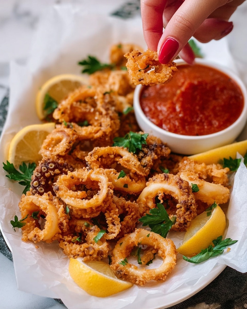 A white plate with fried golden brown calamari rings and tentacles spread on a white paper lining, garnished with green parsley leaves and yellow lemon wedges on the sides; a small white bowl filled with thick red dipping sauce placed at the top right of the plate; a woman's hand is picking up one of the crispy calamari rings from the top; the white marbled surface under the plate is faintly visible around the edges photo taken with an iphone --ar 4:5 --v 7
