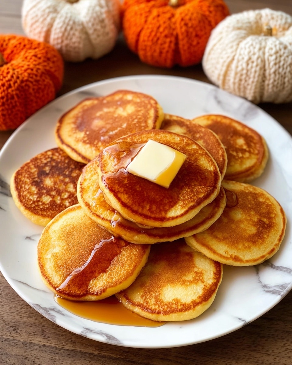 A white plate holds a stack of seven golden-brown pancakes with a smooth texture and slightly darker edges. The pancakes are arranged in a slightly overlapping circle, with one pancake on top centered perfectly. On the top pancake, there is a small square of melting butter, and thick amber syrup is generously poured over it, flowing down the sides and pooling slightly on the plate. The background is a white marbled texture, with soft orange and cream-colored knitted pumpkins placed around the plate, adding a cozy, autumn feel. photo taken with an iphone --ar 4:5 --v 7