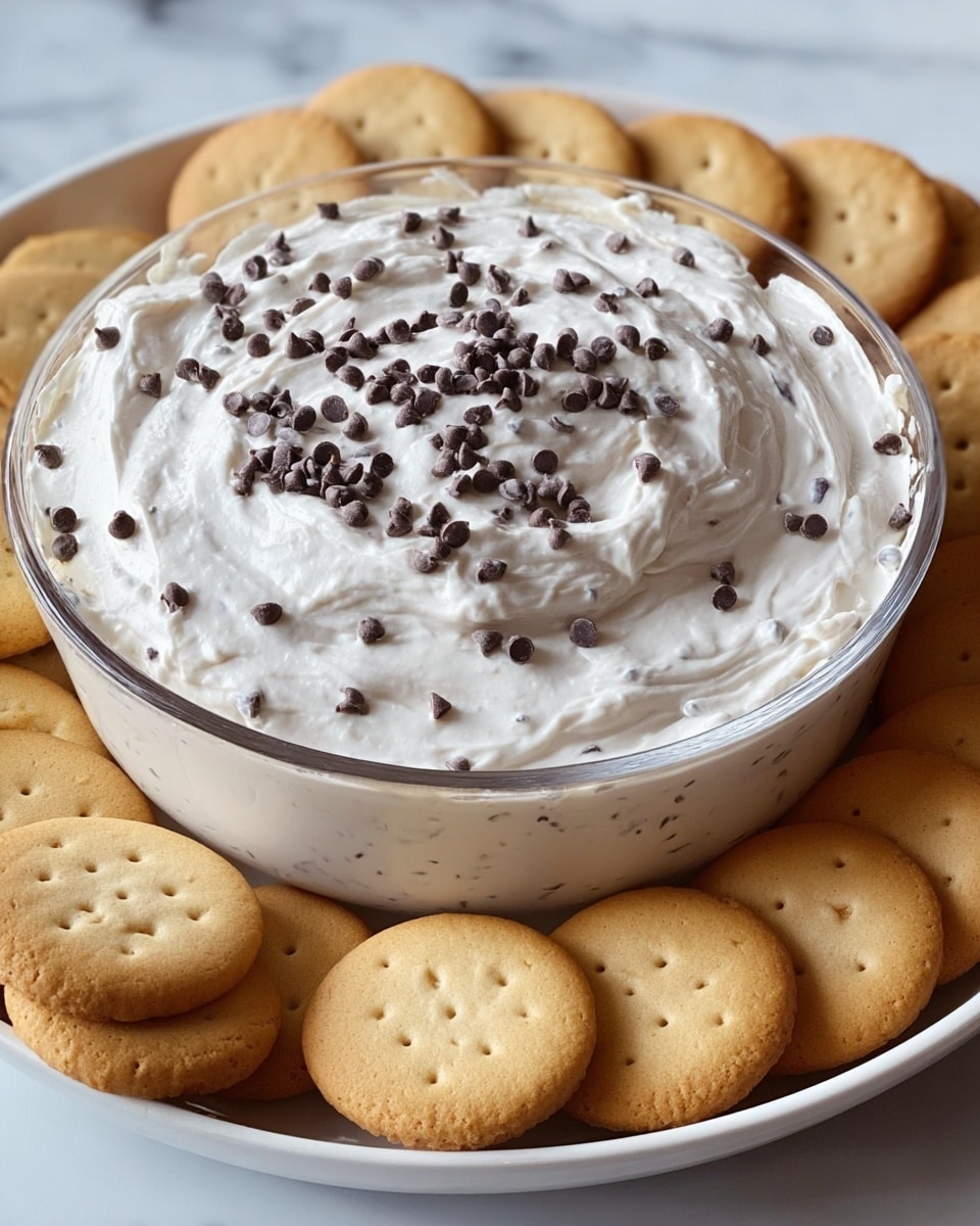 A clear round bowl is filled with a thick, creamy white dip mixed with small dark chocolate chips evenly spread throughout and sprinkled on top, showing a smooth, slightly swirled texture. The bowl is placed on a white plate surrounded by many round, light golden brown cookies with a slightly crisp texture, arranged closely together. The setting is on a white marbled surface. photo taken with an iphone --ar 4:5 --v 7