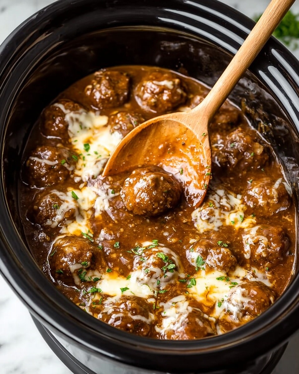 The image shows a black slow cooker filled with round meatballs covered in a thick brown gravy sauce. Swirls of melted white cheese are mixed across the surface, creating a marbled effect, and small pieces of green herbs are sprinkled on top. A wooden spoon is dipping into the dish, lifting a meatball from the sauce. The slow cooker sits on a white marbled surface. photo taken with an iphone --ar 4:5 --v 7