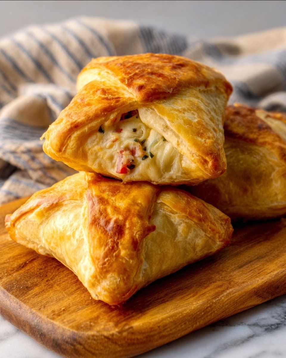 Three golden brown baked pastries with a shiny, crispy crust sit stacked on a wooden board. Each pastry has a diamond shape with four folded corners meeting at the center, slightly open to show a filling of small bits of red, white, and green ingredients inside. The surface beneath the board is a white marbled texture, and a soft, striped cloth is blurred in the background. The photo has warm lighting highlighting the flaky texture of the dough. Photo taken with an iphone --ar 4:5 --v 7
