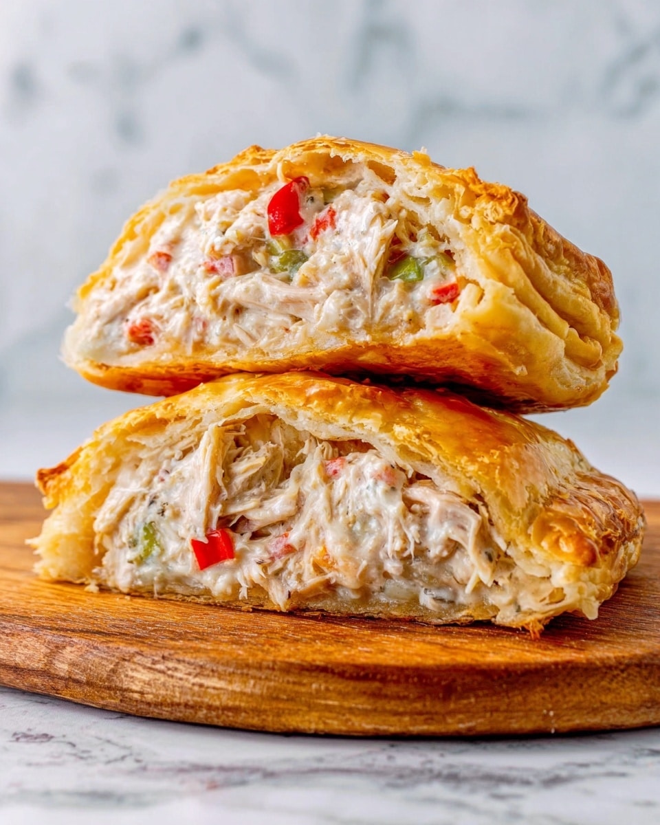 The image shows two halves of a golden-brown pastry filled with a creamy mixture of shredded chicken and small pieces of red bell pepper. The inside filling looks soft and moist with white and light pink colors from the chicken and sauce, alongside the bright small red bits of pepper. The pastry is flaky and slightly shiny on the outside, with a textured crust. Both halves are stacked on top of each other on a wooden board, against a white marbled textured surface background. Photo taken with an iphone --ar 4:5 --v 7