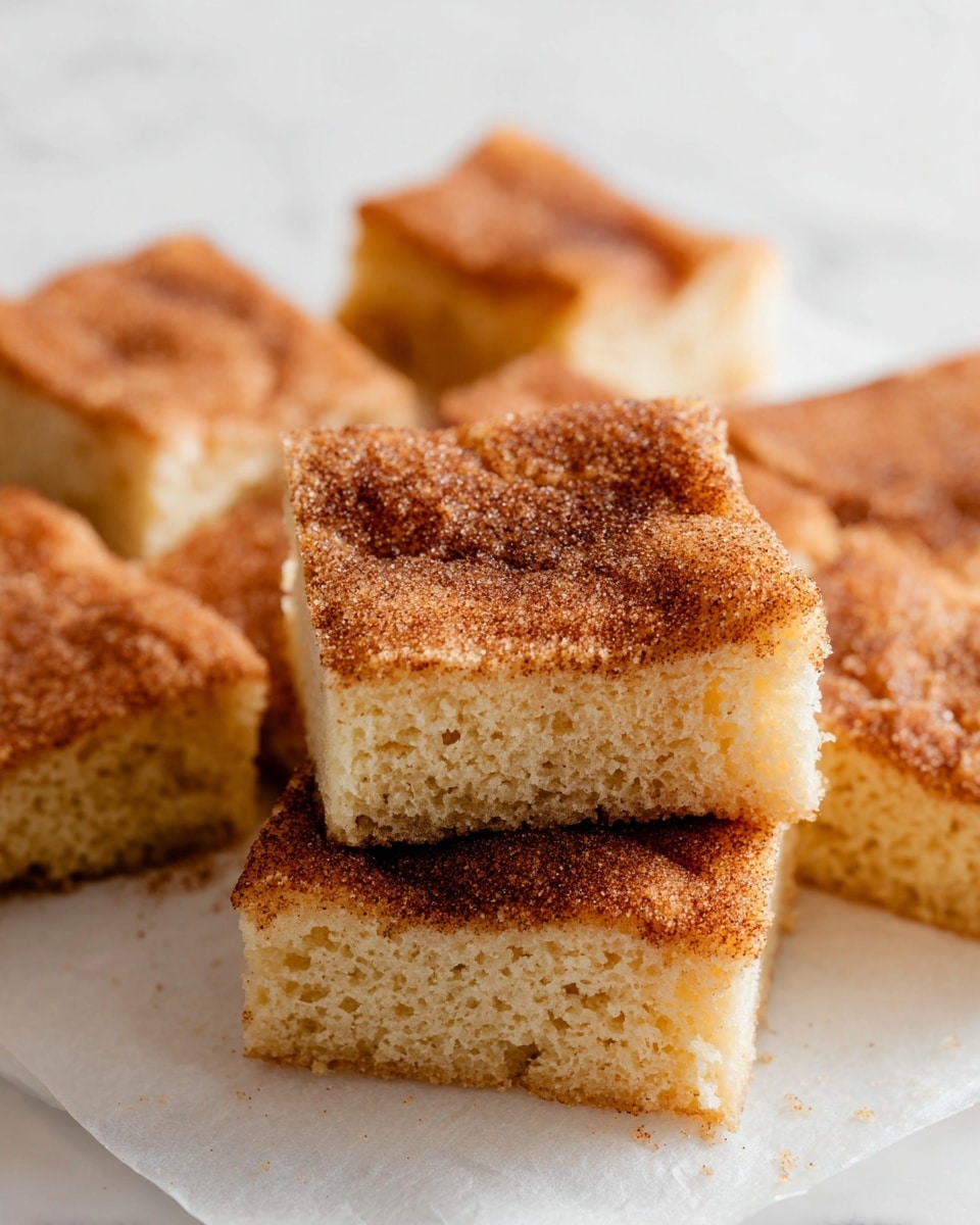A close-up image of a square piece of soft cake on a white marbled surface, showing two distinct layers: a thick, moist, light beige bottom layer with a smooth texture, and a thin, slightly grainy light brown top layer dusted with cinnamon powder, with more cake squares blurred in the background on a white plate and a white cup of coffee nearby; warmth and softness are highlighted in the scene, with cinnamon sticks faintly visible in the corner, photo taken with an iphone --ar 4:5 --v 7