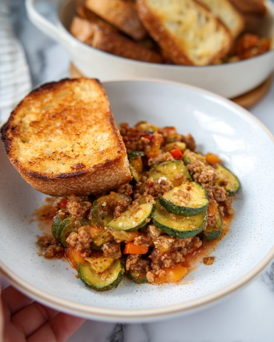 The image shows a white plate with a colorful cooked dish inside, featuring three main layers: the bottom layer is a mix of ground meat and sauce with small chunks of tomatoes and orange bell peppers, the middle layer has sliced cooked zucchini with green skin and soft texture, and the top layer is a piece of toasted bread with a golden, crispy surface placed leaning against the edge of the plate. The plate rests on a white marbled surface, and a woman’s hand is holding the plate from the bottom right corner. In the background, blurred slices of toasted bread are visible in a white bowl. Photo taken with an iphone --ar 4:5 --v 7