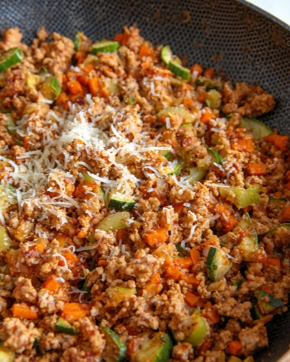 The image shows a close-up of a pan filled with a cooked mixture that has three main layers: the bottom layer is made up of browned ground meat with a crumbly texture, mixed evenly throughout; the middle layer contains small, soft pieces of orange carrots and green bell peppers, adding bright color and a slightly crunchy texture; the top layer is lightly sprinkled with shredded white cheese that is starting to melt, covering some parts of the meat and vegetables. The pan has a dark, textured surface with a honeycomb pattern. Photo taken with an iphone --ar 4:5 --v 7