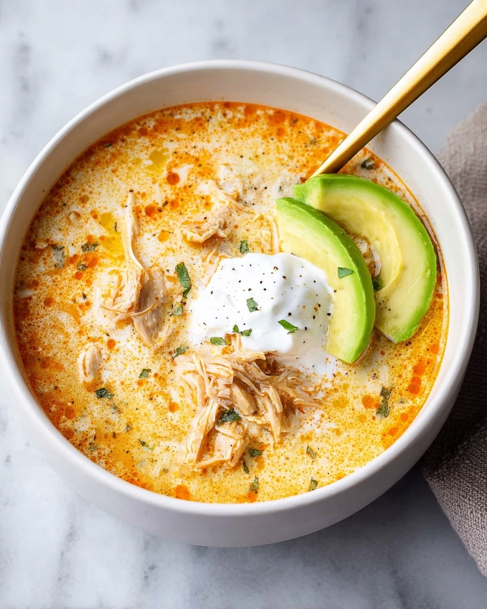 A white bowl filled with creamy soup that has an orange and white swirled texture, showing visible pieces of shredded chicken within. On top of the soup, there is a dollop of white sour cream placed near the center, accompanied by a bright green slice of avocado resting at the edge. A gold spoon is partially submerged on the right side of the bowl. The bowl is placed on a white marbled surface. photo taken with an iphone --ar 4:5 --v 7