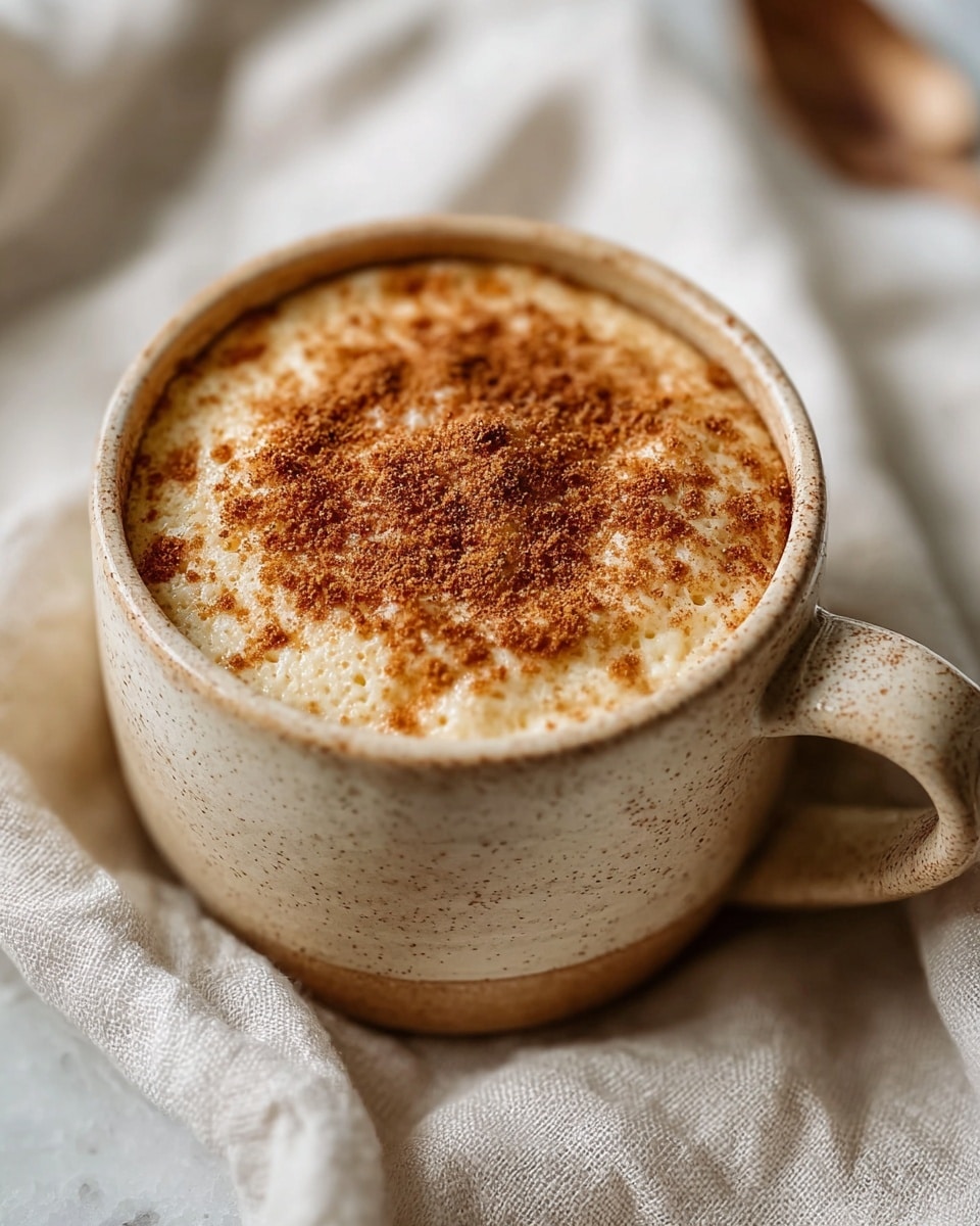 The image shows a close-up of a beige ceramic cup filled with a creamy dessert topped with a layer of light brown cinnamon powder. The dessert has a smooth, slightly grainy texture beneath the cinnamon layer. The cup sits on a soft white cloth, all placed on a white marbled surface, creating a warm and cozy feel. The cup handle is visible on the right side. photo taken with an iphone --ar 4:5 --v 7
