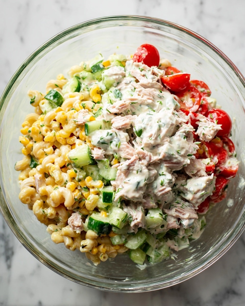 A white bowl holds a creamy pasta salad with three main layers: small, light beige twisted pasta pieces, white creamy dressing evenly coating the pasta, and colorful vegetable pieces including bright red cherry tomato halves with smooth skins, light green chunks of cucumber with a crisp texture, and small orange carrot cubes. The salad is sprinkled lightly with green herbs and black pepper. A gold and white fork rests on the left side inside the bowl. The bowl sits on a white marbled surface. Photo taken with an iphone --ar 4:5 --v 7