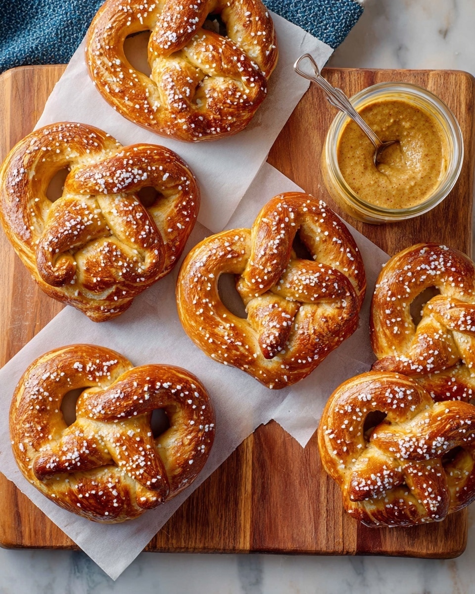 Seven golden brown soft pretzels with coarse salt sprinkled on top are arranged on two pieces of white parchment paper placed on a wooden cutting board. The pretzels each have a smooth yet slightly textured surface and are twisted in the classic knot shape with symmetrical loops and a thick central braid. To the right of the pretzels is a small clear glass jar filled with coarse grain mustard, with a spoon resting inside. The setup sits on a white marbled textured surface visible at the edges. Photo taken with an iphone --ar 4:5 --v 7