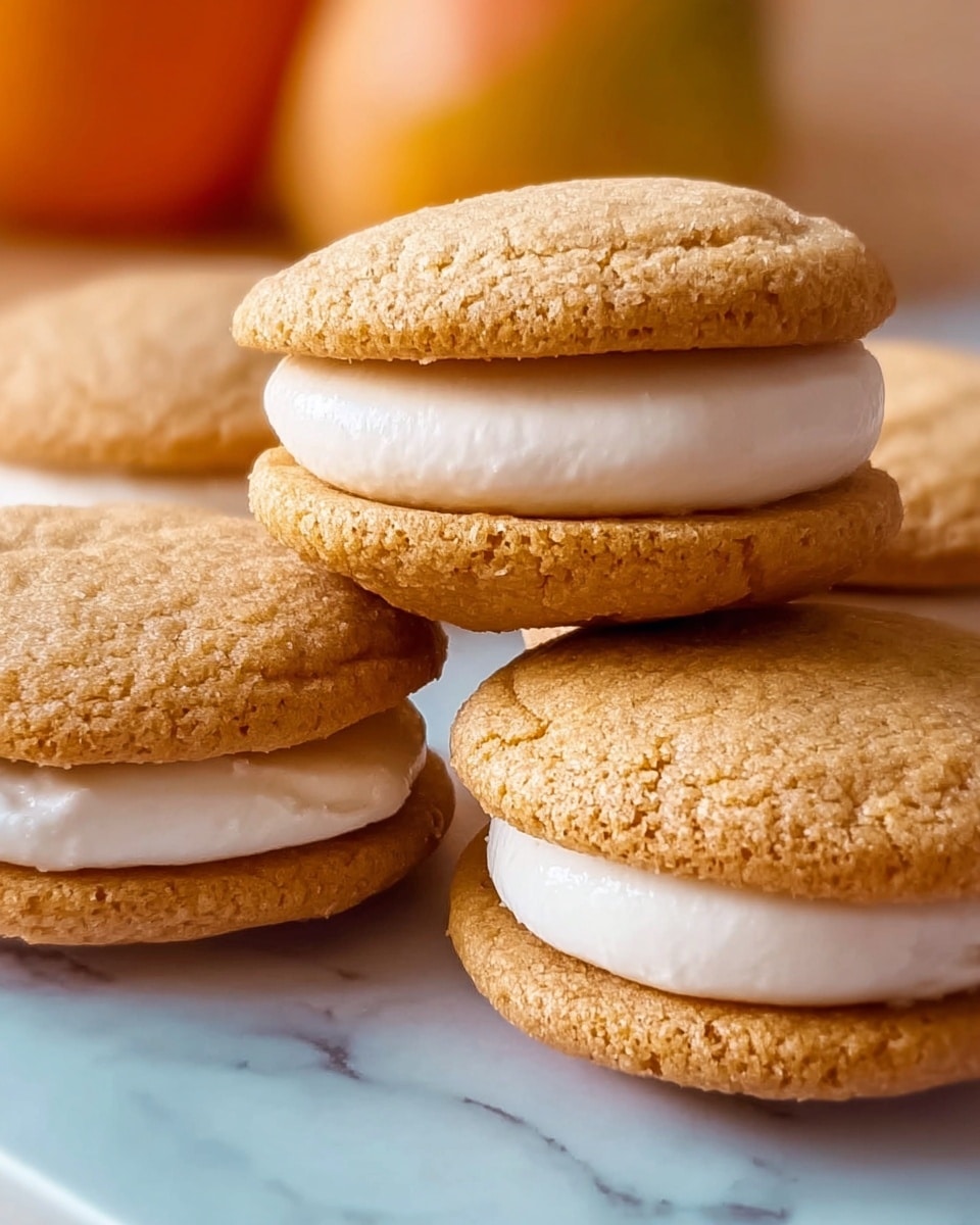 This image shows four soft, light brown sandwich cookies placed closely on a white marbled surface. Each sandwich cookie has two round, slightly textured cookie layers with a smooth, thick, white cream filling in the middle. The cookies have a matte finish with tiny cracks, and the cream filling appears glossy and soft, slightly rounded between the cookie layers. The focus is on the front three sandwiches, with one partially visible in the back. The background is blurred, featuring warm tones of orange and beige. photo taken with an iphone --ar 4:5 --v 7