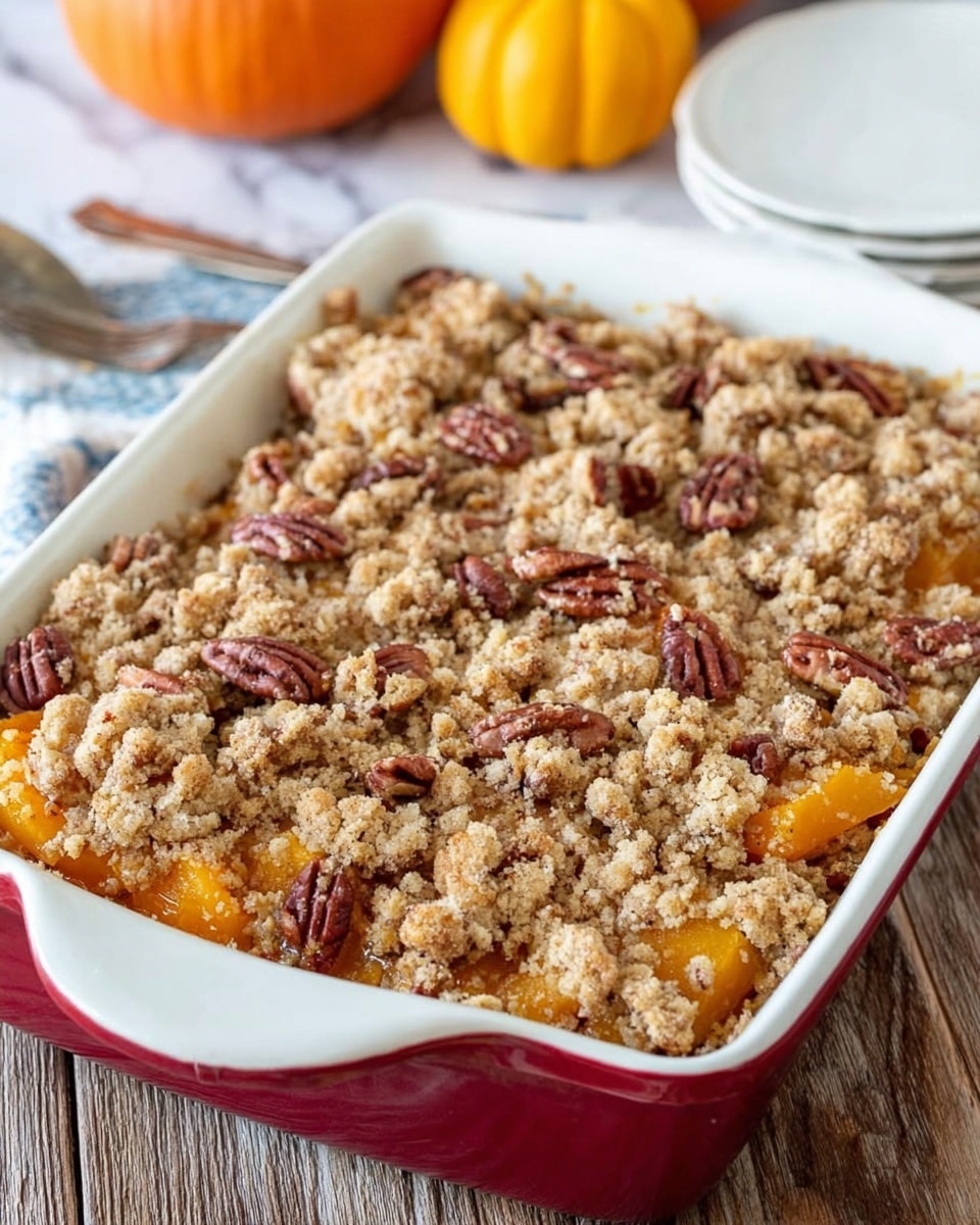 A white baking dish with a red rim filled with a dessert that has two layers; the bottom layer is made of orange slices or chunks, while the top layer is a crumbly, light brown streusel topping mixed with whole and halves of pecan nuts scattered evenly across. The dish is placed on a wooden surface with a pumpkin and a white plate in the background against a white marbled texture. Photo taken with an iphone --ar 4:5 --v 7