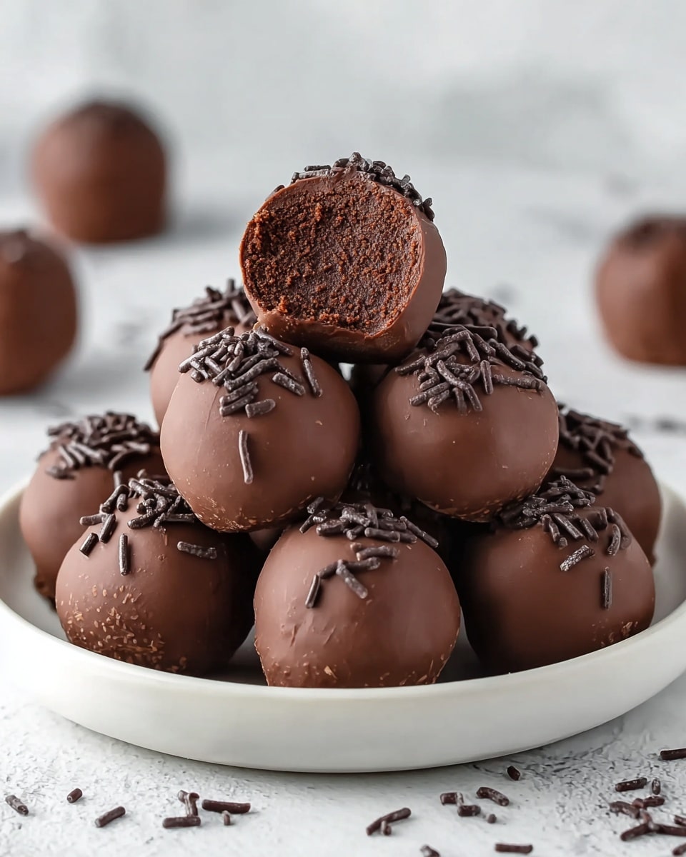 A white round plate holds a pyramid stack of nine smooth, dark brown chocolate truffles, each topped with thin chocolate sprinkles. The top truffle sits slightly apart, split in half to reveal a dense, crumbly dark chocolate interior with a matte texture. The truffles have a shiny, even chocolate coating with a few small imperfections, showing their handmade nature. Scattered soft focus truffles sit in the white marbled background, adding depth. Photo taken with an iphone --ar 4:5 --v 7