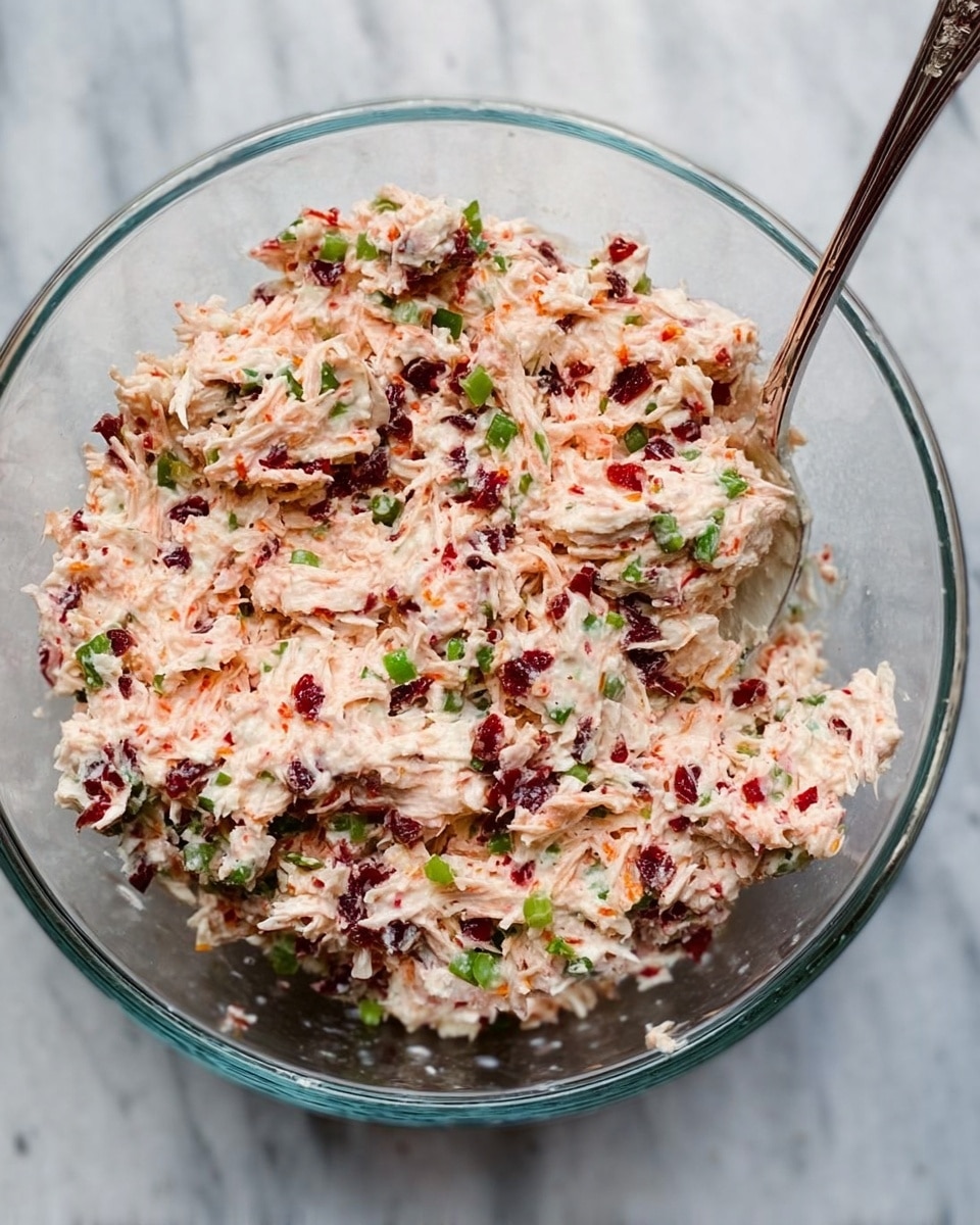 A clear glass bowl filled with a mix that looks creamy and chunky, showing a mix of light pink shredded pieces combined with small dark red bits, bright green small pieces, and tiny dark specks evenly spread throughout. A silver spoon rests inside the bowl, partially covered with the mix, and the bowl is set on a white marbled surface. Photo taken with an iphone --ar 4:5 --v 7