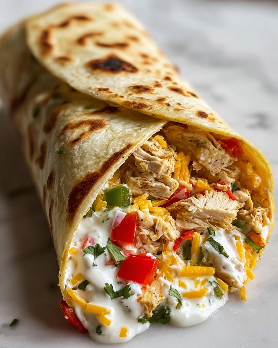 The image shows two wraps placed on a white plate. Each wrap is cut in half, revealing three visible layers inside: the outer wrap is light beige and soft, the first inner layer has a mix of light brown cooked chicken pieces, and beneath that, vibrant red bell pepper chunks. The wraps are topped with a white creamy sauce drizzled over and sprinkled lightly with green herbs. The plate is set against a white marbled surface. Photo taken with an iphone --ar 4:5 --v 7