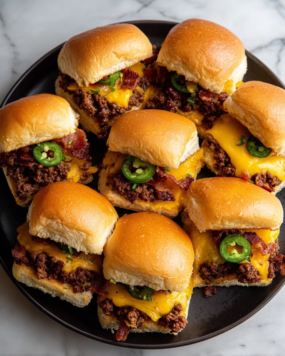 A tray of nine slider sandwiches with shiny, golden-brown soft buns, each sandwich layered with a juicy brown beef patty, crispy bacon pieces, crispy fried onions, and melted yellow cheese visible inside. One slider is slightly pulled apart, showing the inside layers clearly. The sandwiches rest on crinkled silver foil on a countertop with a white marbled texture in the background. A few crumbs and small pieces of bacon and onion are scattered around the sliders. Photo taken with an iphone --ar 4:5 --v 7