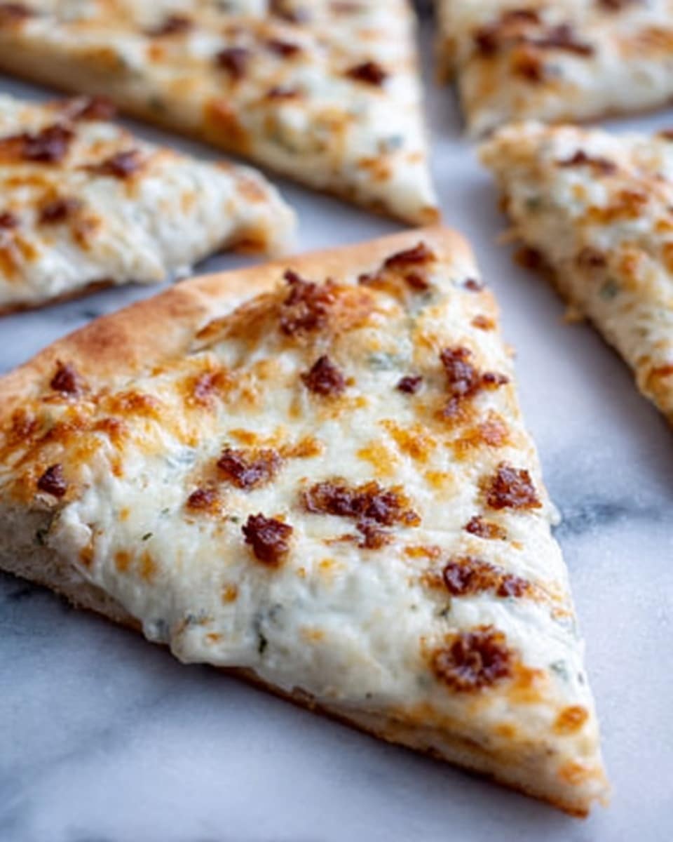 The image shows a close-up view of a white pizza slice on a white marbled surface. The pizza has a thin, slightly browned crust with a soft texture. On top, there is a layer of melted white cheese that looks creamy and stretchy with some browned spots from baking. Scattered on the cheese are small bits of what looks like crispy bacon or sausage, adding a different texture and slight color contrast. The next layer below the cheese is a smooth, pale white sauce or base, blending softly into the crust edges. Around the slice, other pizza slices are partially visible, showing the same toppings and texture. photo taken with an iphone --ar 4:5 --v 7