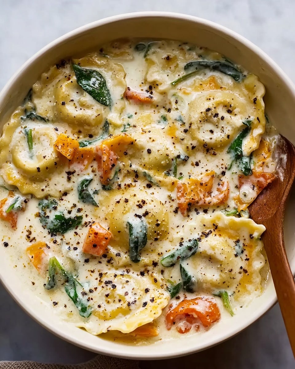 The image shows a white bowl filled with creamy white sauce, layered with ravioli pasta pieces that have a soft, slightly wavy edge, scattered throughout. The ravioli are topped with pieces of bright orange tomatoes and green spinach leaves, creating a fresh contrast against the sauce. The surface is sprinkled with small black pepper bits, and a wooden spoon is partially visible on the right side, slightly covered by the creamy mixture. The bowl sits on a white marbled texture surface. photo taken with an iphone --ar 4:5 --v 7