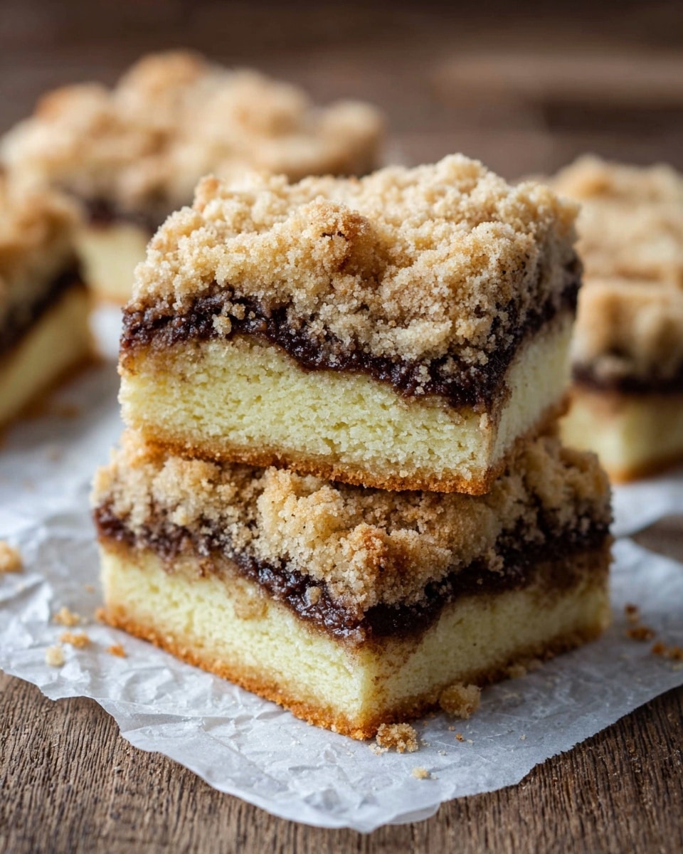 A close-up image of a square piece of crumb cake with three visible layers: the bottom layer is a light beige cake, the middle layer is a darker cinnamon swirl running through the cake, and the top layer is a thick, crumbly, golden-brown streusel with a slightly rough texture. The cake piece sits on a white plate with a glossy finish, placed on a white marbled surface. There is a small crumb fallen beside the cake, and the background is softly blurred to keep the focus on the cake. Photo taken with an iphone --ar 4:5 --v 7
