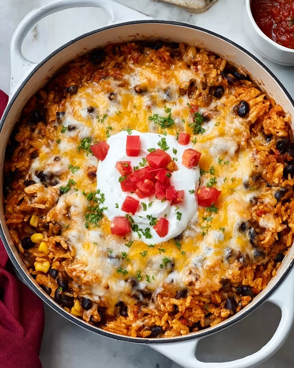 A white pot filled with a layered cheesy casserole sits on a white marbled surface. The bottom layer appears to be a mix of rice, black beans, and small pieces of vegetables, giving a textured orange and black base with some red hints. Above that, a generous layer of melted cheese covers most of the dish with a mix of white and golden yellow melted cheese spreading unevenly. In the center, there is a dollop of white sour cream topped with small diced bright red tomatoes and a few green herb sprinkles. The pot has two handles visible, and there is a small white bowl with red salsa in the background. photo taken with an iphone --ar 4:5 --v 7