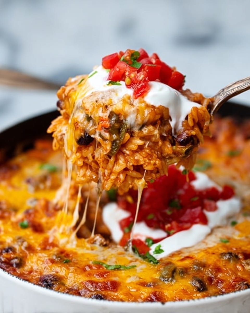 The image shows a close-up of a spoon lifting a cheesy, baked dish from a white bowl on a white marbled surface. The dish has multiple layers: the top layer is melted, golden-brown cheese mixed with some darker spots and bits of vegetables. Below the cheese, you can see a mix of cooked rice and beans, with small pieces of green herbs and diced vegetables scattered throughout. In the background, there is a visible layer of bright red tomato sauce topped with dollops of white sour cream and small chopped red tomatoes. The melted cheese stretches from the spoon back to the bowl, showing a gooey texture. Photo taken with an iphone --ar 4:5 --v 7