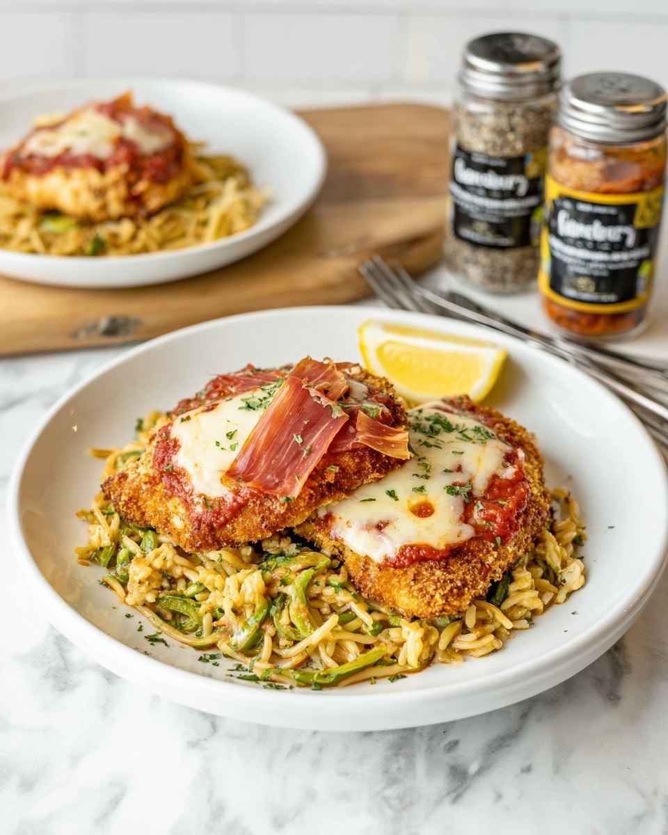 The image shows a white round plate holding two square pieces of chicken parmesan stacked slightly on top of each other. Each piece has a base layer of fried golden-brown chicken, topped with bright red marinara sauce, melted white cheese, and a thin slice of reddish prosciutto or ham on top. The chicken parmesan sits on a bed of golden pasta mixed with chopped green herbs and vegetables, giving it a speckled green texture. A lemon wedge rests on the pasta near the chicken, adding a bright yellow accent. The plate is on a white marbled surface with seasoning jars and silver fork and knife in the background. Photo taken with an iphone --ar 4:5 --v 7