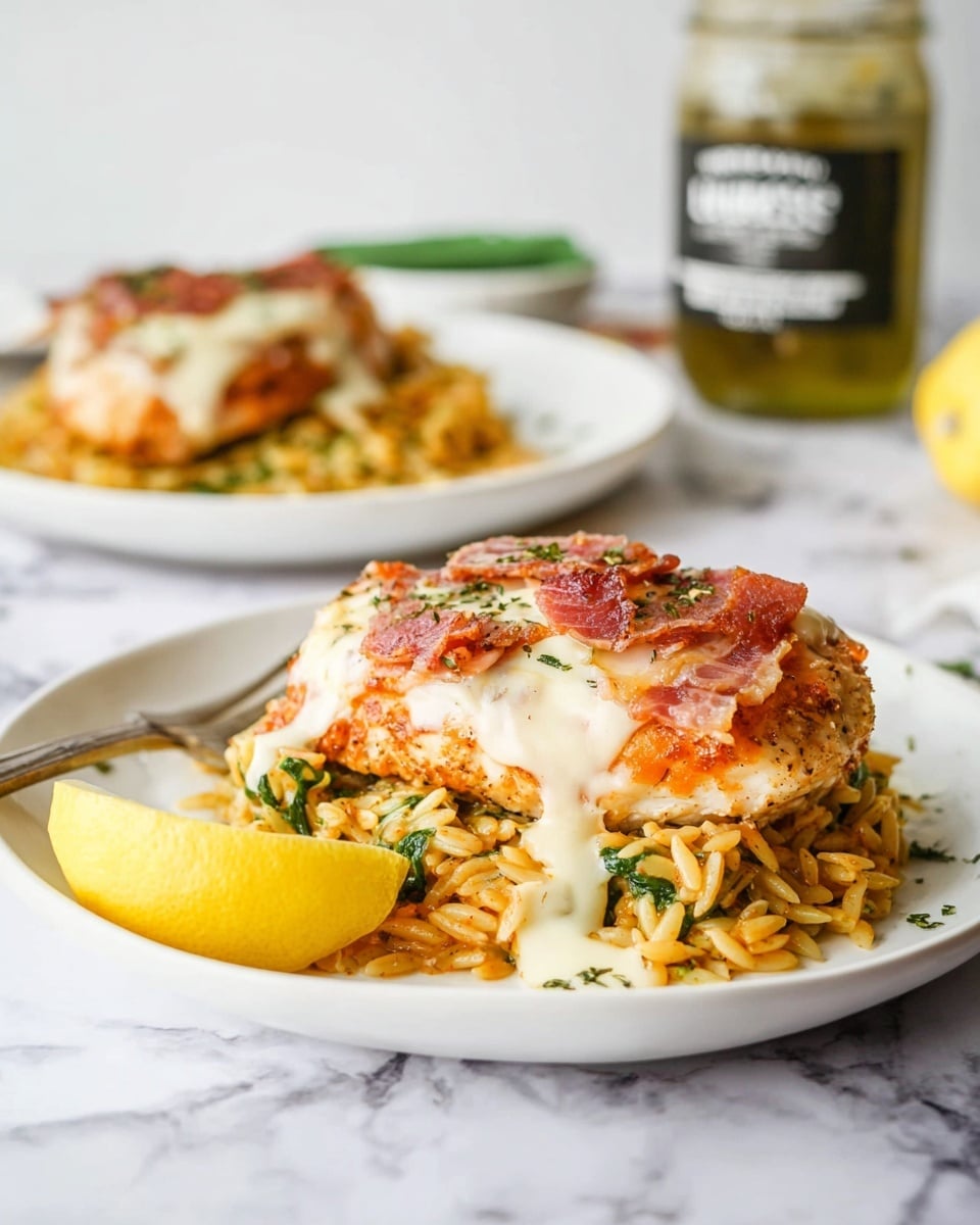 A white plate holds a layered dish starting with a base of golden-brown orzo mixed with green herbs and bits of vegetables, topped with a thick piece of baked chicken breast covered in a layer of melted, bubbly, orange and white cheese sauce sprinkled with herbs and small pieces of crispy prosciutto or bacon, with a fresh yellow lemon slice placed on the side next to the orzo. In the background, there is a second white plate with a similar dish, slightly out of focus, and a glass jar with a green label. The whole setting is on a white marbled surface. photo taken with an iphone --ar 4:5 --v 7