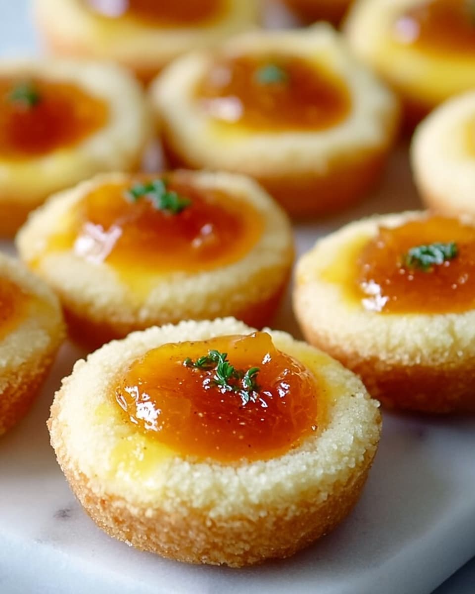 The image shows several small, round pastries arranged closely together on a white plate, all placed on a white marbled surface. Each pastry has two main layers: a light golden brown crust forming the base, and a glossy, orange-yellow jelly-like topping sitting in the center. Small green herb pieces are sprinkled on top of the jelly, adding a touch of color contrast. The pastries appear soft and slightly crumbly, with a shiny texture on the jelly layer that reflects the light. The photo is close up, focusing on the front pastries with the background slightly blurred, making the details clear and vibrant. Photo taken with an iphone --ar 4:5 --v 7