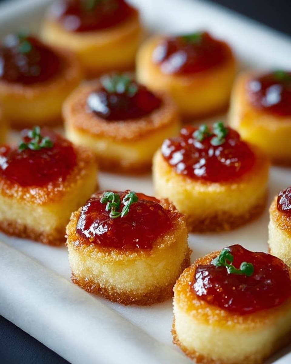 The image shows a white rectangular plate filled with small round treats, each made of three layers. The bottom layer is golden brown and crispy, the middle layer is pale yellow and smooth, and the top layer is a dollop of glossy red jam. Each treat is topped with a few tiny green herb pieces, adding a fresh touch. The plate sits on a white marble surface, and the focus is on the front row of treats, with the background slightly blurred. photo taken with an iphone --ar 4:5 --v 7