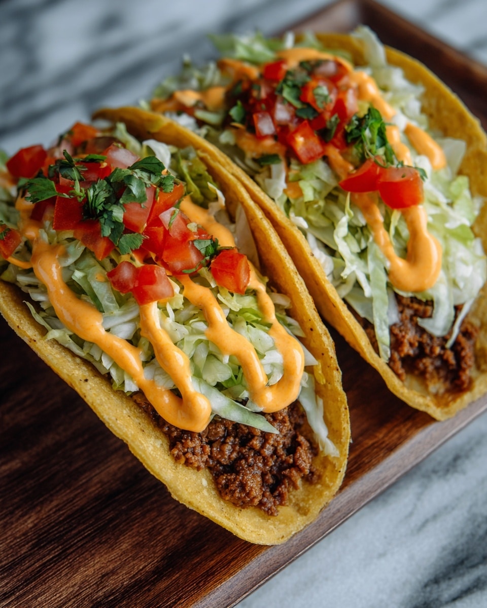 Two tacos sit side by side on a long white plate with a white marbled surface underneath. Each taco shell is golden and slightly crispy, holding a bottom layer of browned ground beef. On top of the beef is a thick layer of shredded light green lettuce. Above the lettuce are small red diced tomatoes mixed with pieces of green cilantro. The tacos are drizzled evenly with smooth orange sauce. Photo taken with an iphone --ar 4:5 --v 7
