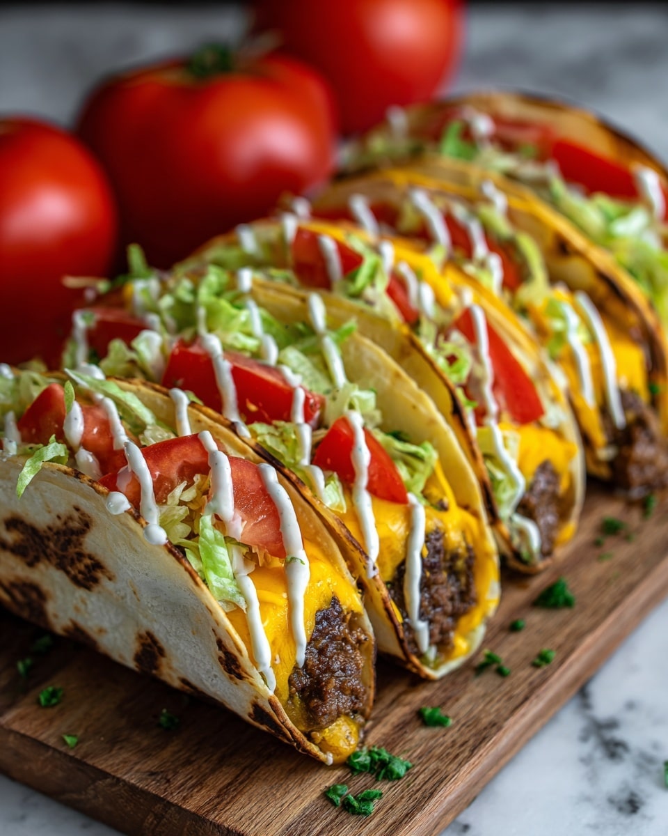 The image shows a close-up of several tacos neatly lined up on a wooden board. Each taco has a lightly toasted, slightly charred white flatbread shell that is folded to hold layers inside. The bottom layer is a browned, juicy beef patty topped with a melted slice of bright yellow cheddar cheese. Above the cheese, there are fresh, vibrant red tomato slices and shredded green lettuce, adding color and texture contrast. The tacos are drizzled generously with creamy white sauce and a yellow-orange sauce, likely cheese or mustard-based, giving a rich look. Some chopped green herbs are sprinkled on top and around the tacos for garnish. The background features ripe red tomatoes out of focus, and the surface beneath is a white marbled texture. photo taken with an iphone --ar 4:5 --v 7