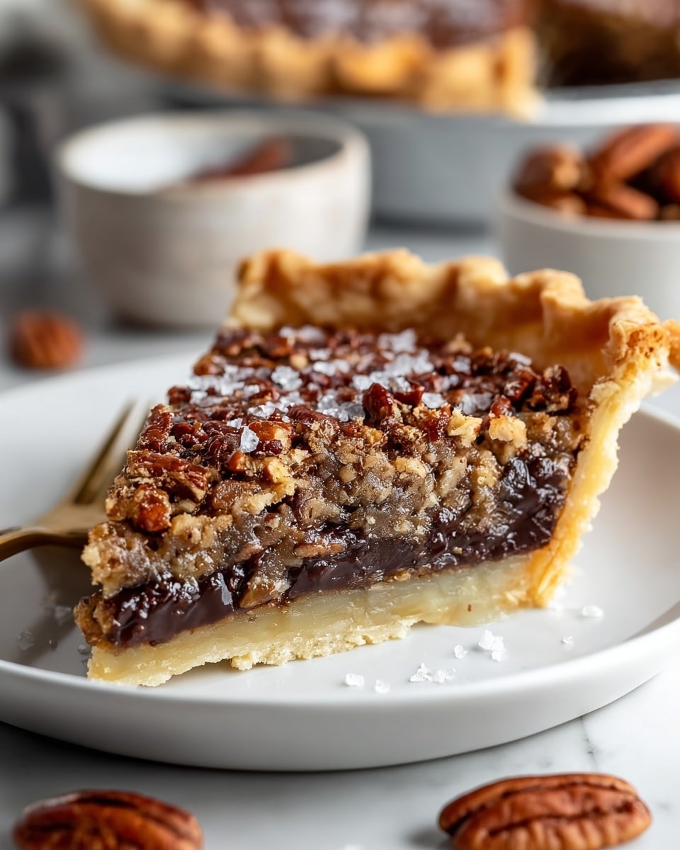 A slice of pecan pie sits on a white plate with a white marbled surface below it. The pie has three visible layers: a thin, light golden crust at the bottom with a firm, smooth texture, a thick, dark glossy chocolate filling in the middle mixed with small nut pieces, and a top layer of a messy, caramel-colored nut filling sprinkled with whole pecans and flaky salt. The edges of the pie crust are crimped and golden brown. There are whole pecans scattered around the plate and blurred bowls with nuts in the background. The photo taken with an iphone --ar 4:5 --v 7