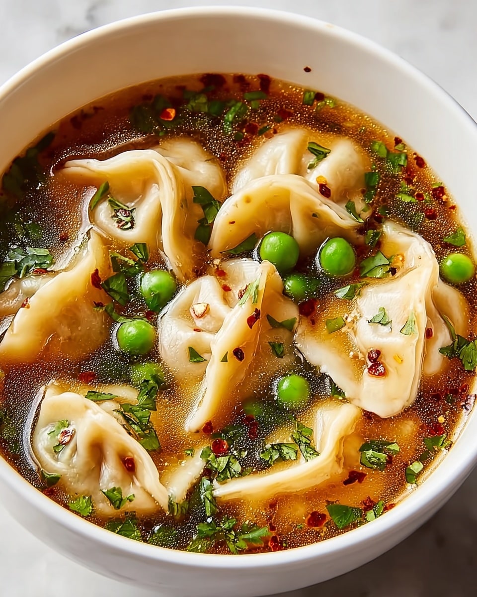 A white bowl filled with a clear brown broth that has a few bright green peas floating on top, along with several plump, pale dumplings with soft folds and slightly translucent skins. The dumplings show some light wrinkling and a gentle shine from the broth. Small green herbs and red chili flakes are scattered on the dumplings and the broth's surface, adding texture and color contrast. The bowl sits on a white marbled surface, emphasizing the warm and fresh look of the soup. photo taken with an iphone --ar 4:5 --v 7