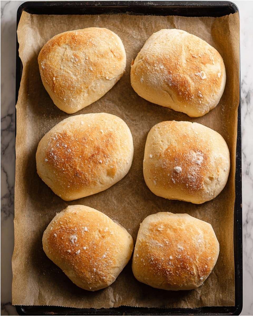 The image shows six freshly baked bread rolls on a baking tray lined with brown parchment paper. The rolls are irregular in shape, with a golden-brown crust on the top and a soft, pale underside. Each roll has a slightly rough texture with small flour patches scattered on their surface. The rolls are spaced evenly in two rows of three, resting on the parchment paper that covers the dark tray beneath. The background is a white marbled texture. Photo taken with an iphone --ar 4:5 --v 7