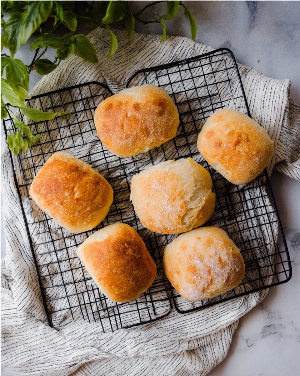 Six small golden brown bread rolls with a lightly crusty texture are arranged on a black cooling rack. Beneath the rack is a white cloth with dark stripes, softly folded and spread out. The bread rolls vary slightly in shape, some round and some more square. The background is a white marbled texture, and part of a green plant drapes from the top left corner. Photo taken with an iphone --ar 4:5 --v 7