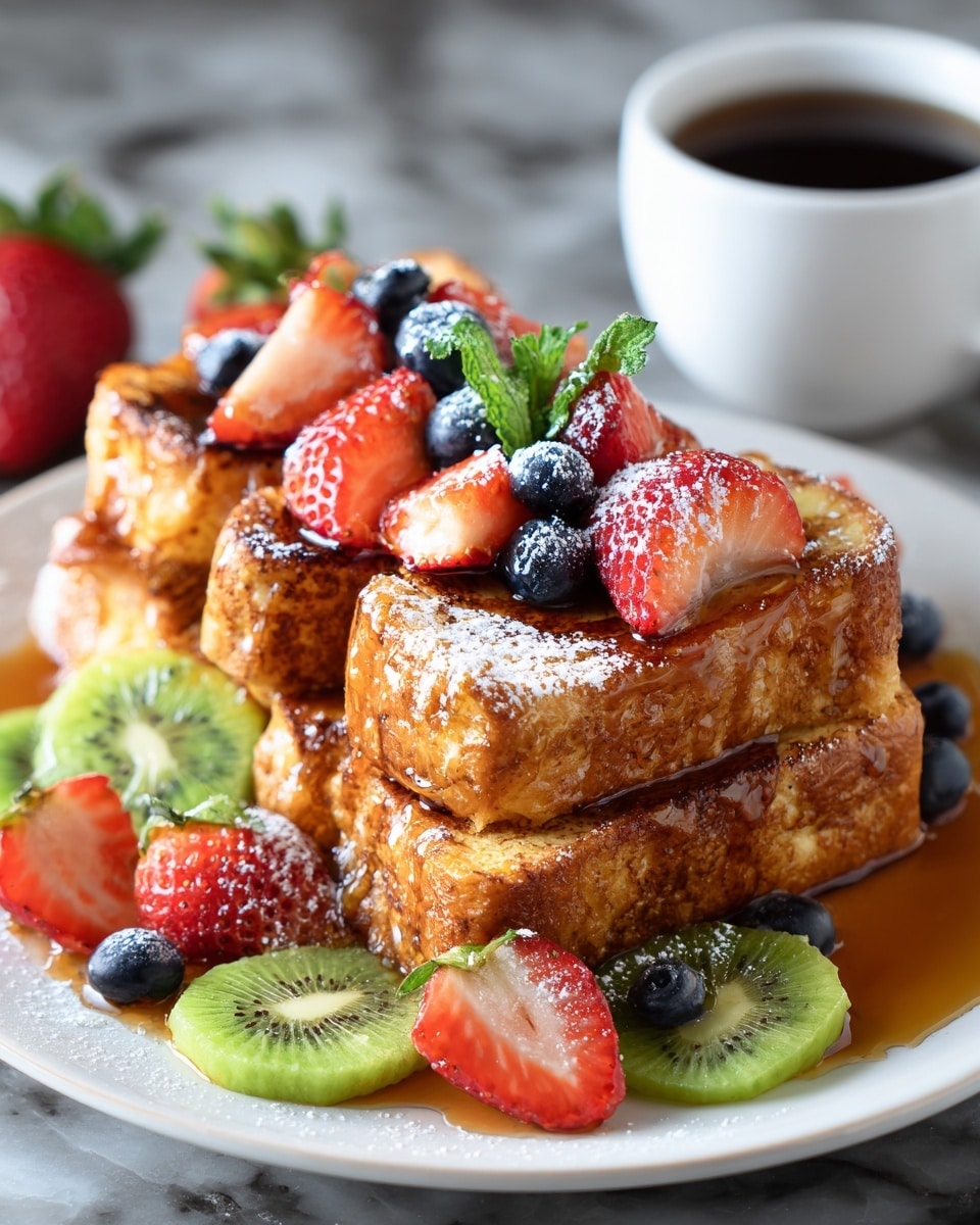 The image shows a plate with four thick, golden-brown French toast pieces stacked side by side. Each piece is topped with fresh fruit, including halved strawberries and whole blueberries, with a light dusting of powdered sugar and a drizzle of syrup flowing down the sides. Around the French toast, slices of green kiwi and whole strawberries add more color and texture to the plate. The plate is white and sits on a white marbled textured surface. In the background, there is a white cup filled with a dark liquid, likely coffee or tea. photo taken with an iphone --ar 4:5 --v 7