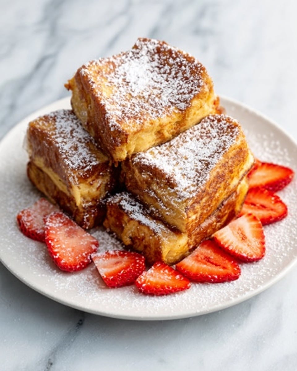 The image shows four thick pieces of French toast stacked on a white plate, each piece golden brown with a slightly crispy texture on the edges. Powdered sugar is dusted lightly over the top of the toast, adding a soft white layer. Fresh sliced strawberries are arranged around the base of the French toast, their bright red color contrasting with the toast and powdered sugar. The plate sits on a white marbled surface with a soft light that highlights the textures. photo taken with an iphone --ar 4:5 --v 7