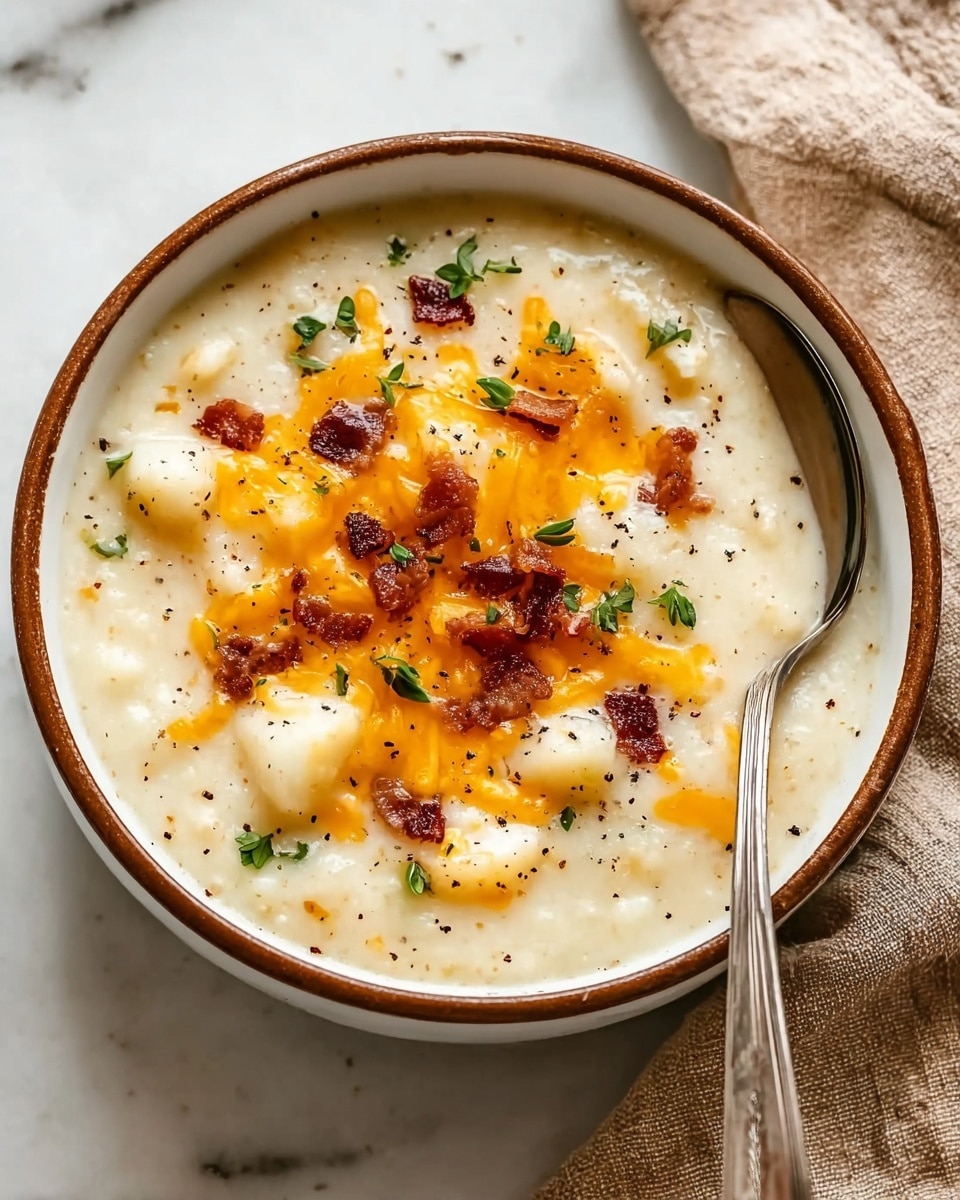 A bowl filled with creamy white potato soup that has a smooth texture, topped with a layer of melted orange cheddar cheese, small chunks of white potato pieces, scattered dark red bacon bits, and garnished with a few green herbs. Black pepper specks are sprinkled evenly over the top, and a silver spoon is placed inside the bowl on the right side. The bowl is white with a brown rim, set on a white marbled surface with a beige cloth napkin nearby. photo taken with an iphone --ar 4:5 --v 7