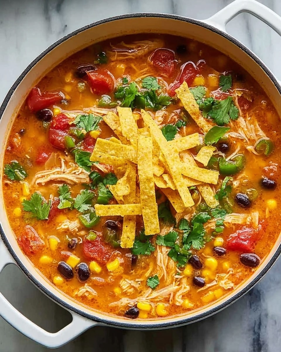 A white pot filled with vibrant chicken tortilla soup showing a rich orange broth mixed with chunks of red tomatoes and yellow corn pieces. Shredded chicken is spread evenly throughout the soup, along with scattered black beans and finely chopped green peppers. On top, thin strips of crispy yellow tortilla chips are laid in the center, with fresh green cilantro leaves sprinkled around for garnish. The pot rests on a white marbled surface. photo taken with an iphone --ar 4:5 --v 7