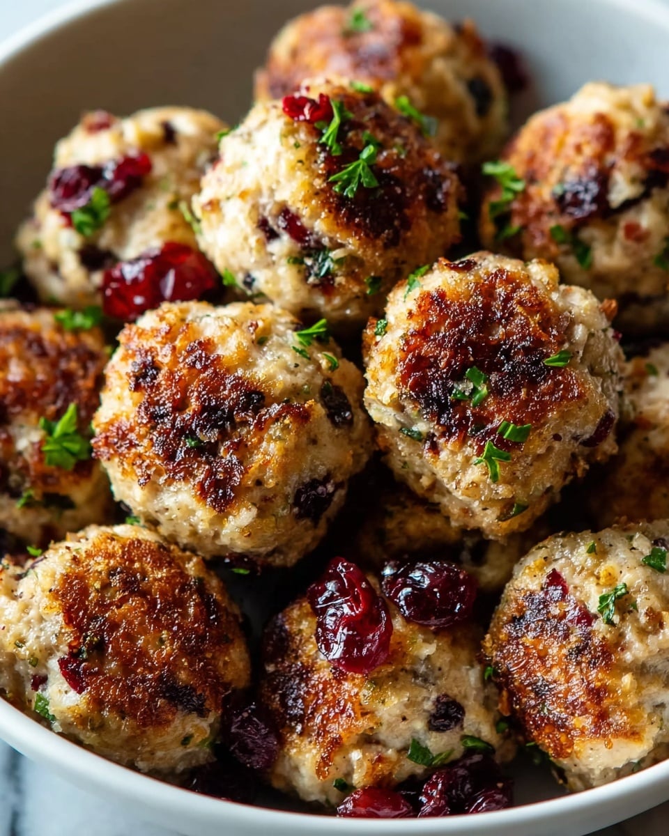 A close-up image shows a white bowl filled with round, golden-brown meatballs that have a slightly crunchy texture on the outside. Each meatball is studded with small pieces of red dried cranberries and green bits of chopped herbs, adding contrast to the light beige and brown crust. The meatballs are arranged closely together, with some of the cranberries glistening on top. The bowl sits on a white marbled surface, enhancing the fresh and tasty look of the dish. photo taken with an iphone --ar 4:5 --v 7