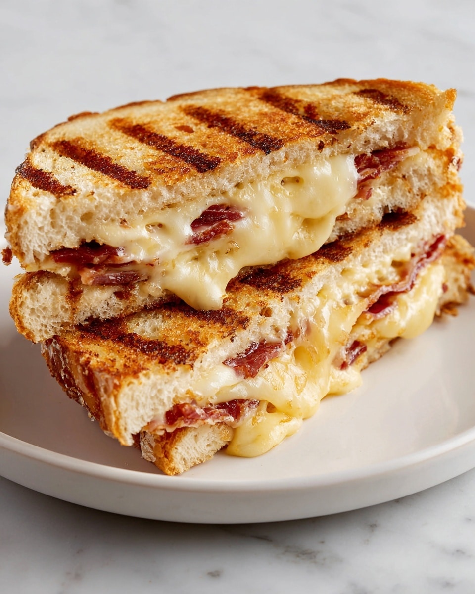 A close-up of a grilled sandwich cut in half and stacked on a white plate, showing three layers: the top and bottom layers are golden-brown toasted bread with visible grill marks, the middle layer is melted, gooey light-yellow cheese oozing out, and thin slices of reddish-brown meat between the cheese and bread, with a soft white interior of the bread visible. The plate is on a white marbled surface. photo taken with an iphone --ar 4:5 --v 7