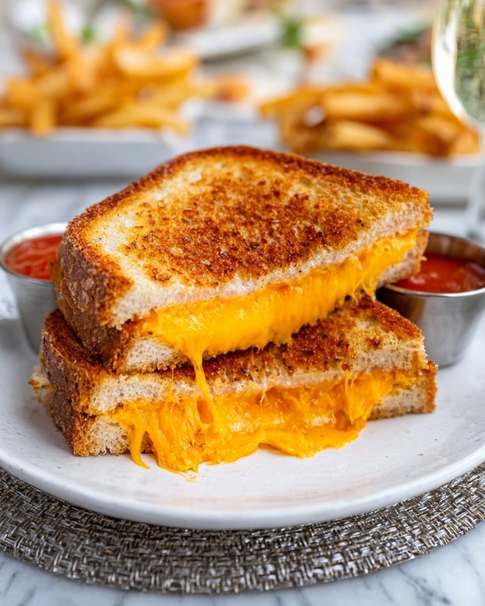 The image shows a grilled cheese sandwich cut diagonally in half, with two layers of golden toasted bread that have a crispy texture and small browned spots. Between the bread slices, thick, melted bright orange cheese oozes out, stretching between the halves, giving a gooey and creamy appearance. The sandwich is placed on a white plate, with a small silver dipping container holding a red sauce on the upper side of the plate. The plate sits on a grey woven placemat on a white marbled surface. In the background, blurred out, are some fries and other dishes. Photo taken with an iphone --ar 4:5 --v 7