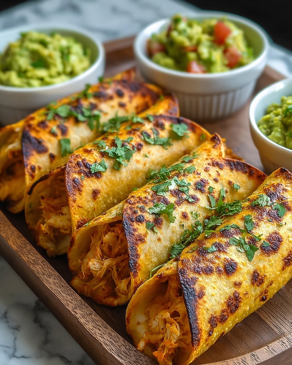 Four rolled tacos with golden, crispy shells that have some dark brown charred spots, sprinkled with fresh green cilantro leaves on top, are placed side by side on a wooden tray. The tacos are stuffed with a creamy, light orange filling mixed with shredded white chicken visible from the open ends. Behind the tacos, there are two white bowls filled with chunky green guacamole with bits of red tomato and cilantro on top. The tray sits on a white marbled surface. photo taken with an iphone --ar 4:5 --v 7