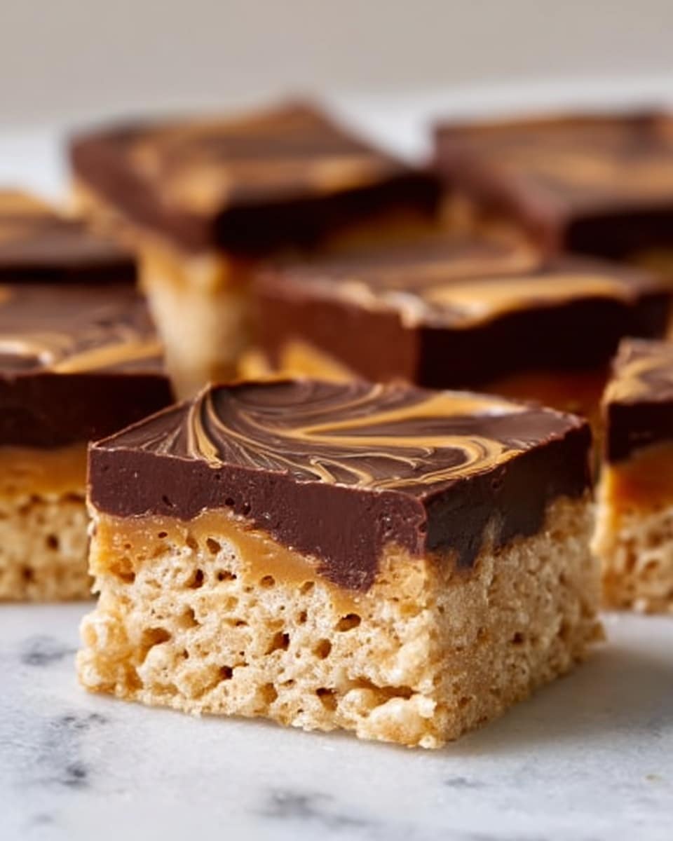 The image shows a close-up of several square pieces of a treat stacked on a white marbled surface. Each piece has two layers: the bottom layer is a light golden crispy rice cereal base with a bumpy texture, and the top layer is a smooth, glossy dark chocolate with a swirl pattern that mixes in a lighter caramel color. The sides of each square clearly show the contrast between the crunchy base and the rich chocolate top. The photo focus highlights the texture of the cereal and the shiny chocolate surface. Photo taken with an iphone --ar 4:5 --v 7