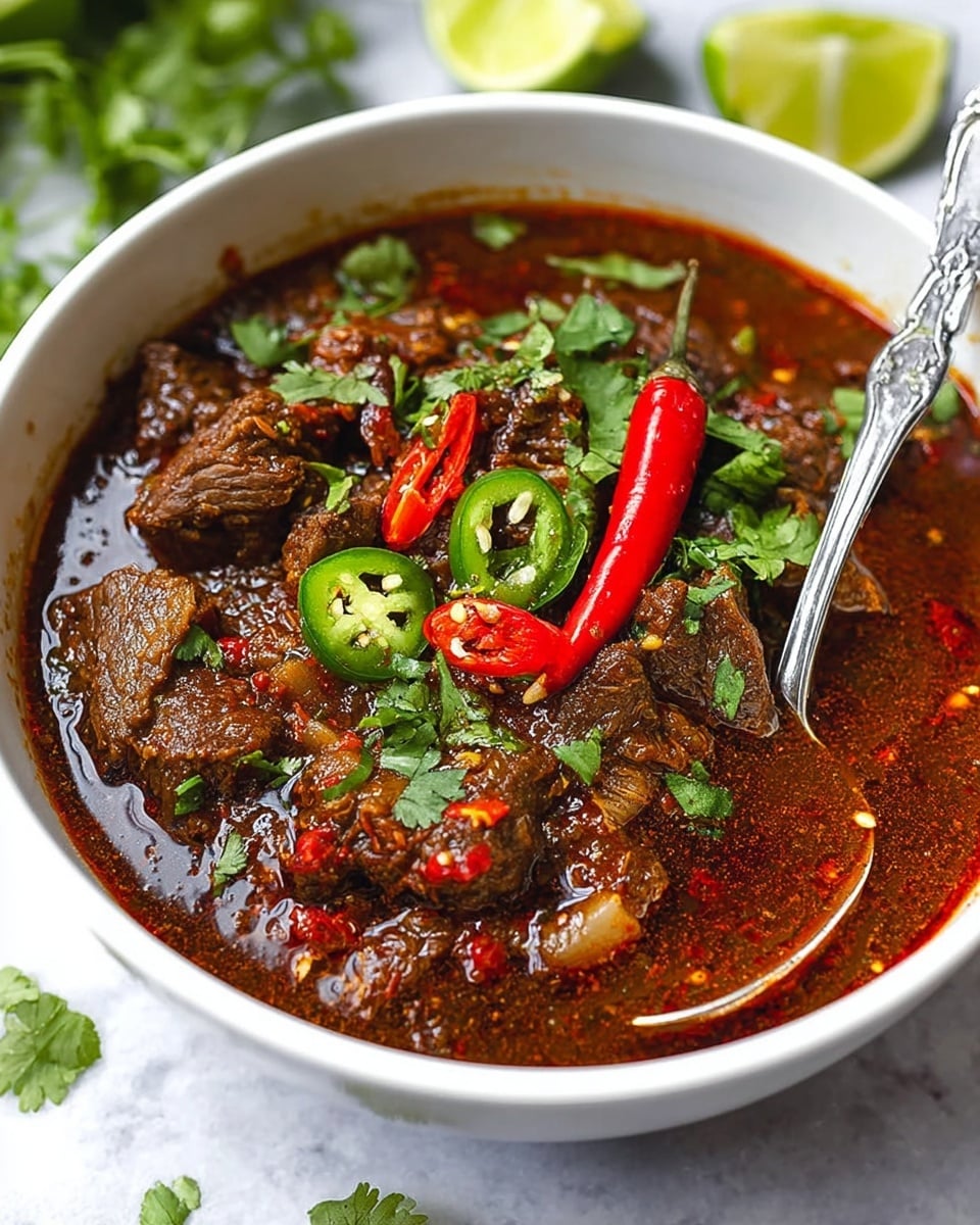 A white bowl filled with a thick dark reddish-brown chili stew showing chunks of tender beef and translucent cooked onions, topped with fresh bright green cilantro leaves, slices of green jalapeños, small pieces of red chili, and a whole long red chili pepper placed on top, with a shiny metal spoon partially dipped into the stew, all set on a white marbled surface with some lime slices and cilantro in the blurry background, photo taken with an iphone --ar 4:5 --v 7